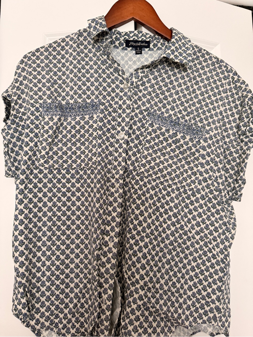 Blue Printed Short-Sleeve Button-Up Blouse